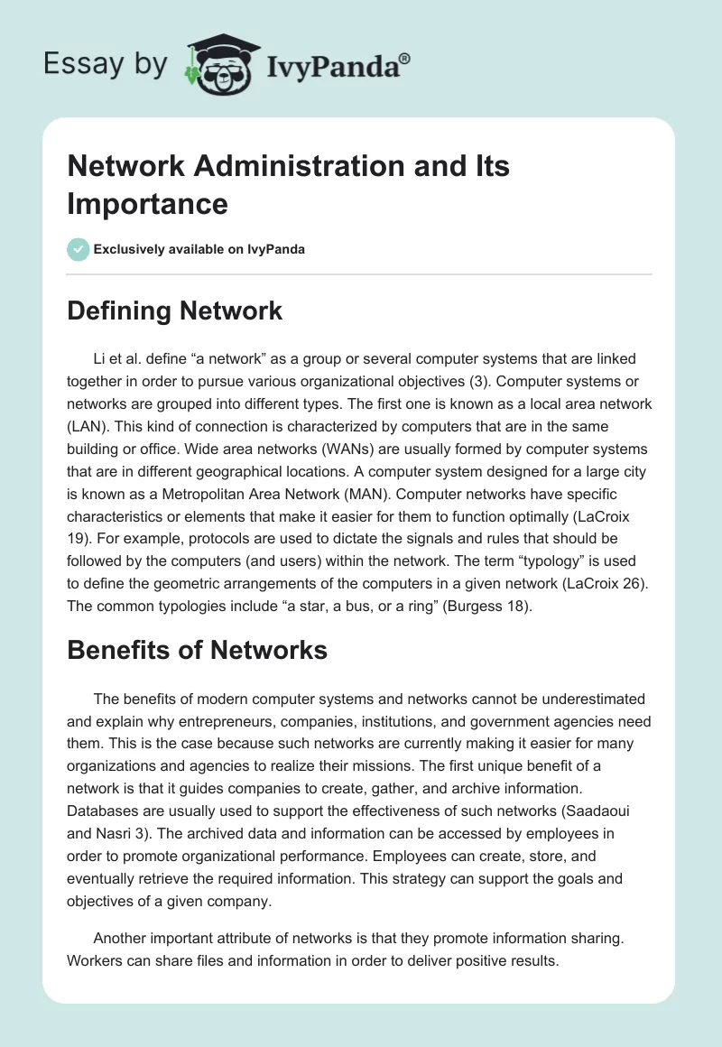Network Administration and Its Importance. Page 1