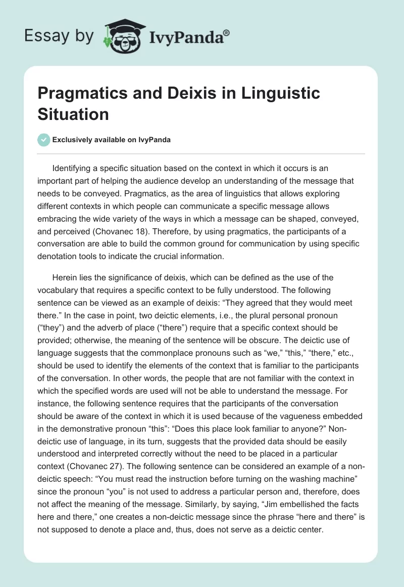 Pragmatics and Deixis in Linguistic Situation. Page 1