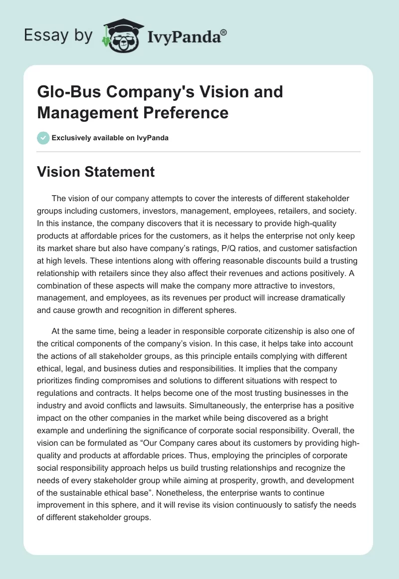 Glo-Bus Company's Vision and Management Preference. Page 1