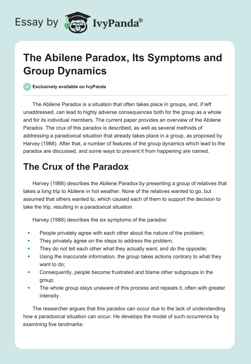 The Abilene Paradox, Its Symptoms and Group Dynamics. Page 1