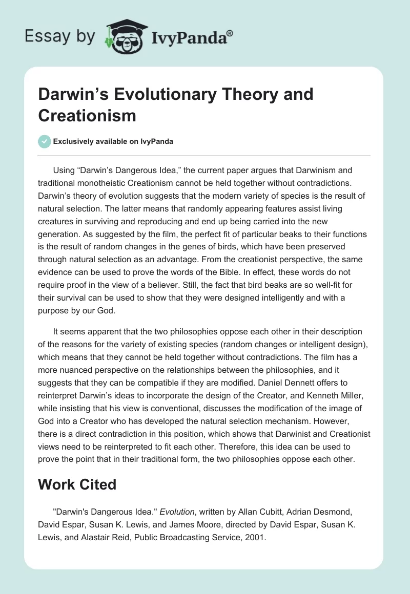 Darwin’s Evolutionary Theory and Creationism. Page 1