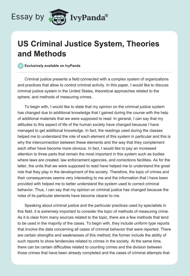 US Criminal Justice System, Theories and Methods. Page 1