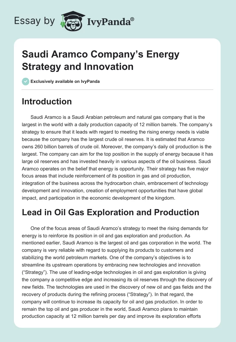 Saudi Aramco Company’s Energy Strategy and Innovation. Page 1