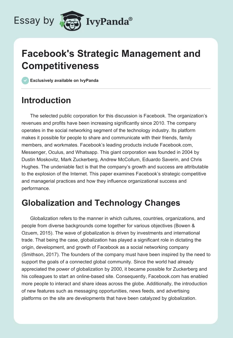 Facebook's Strategic Management and Competitiveness. Page 1