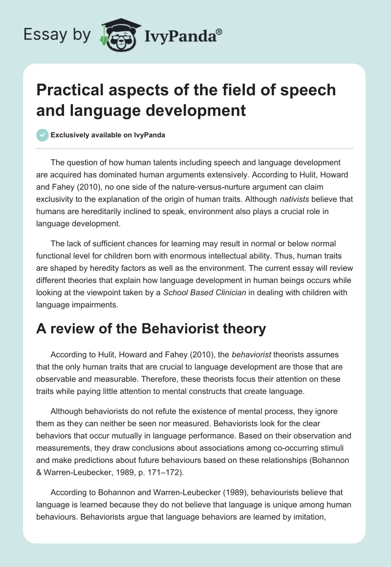 Practical aspects of the field of speech and language development. Page 1