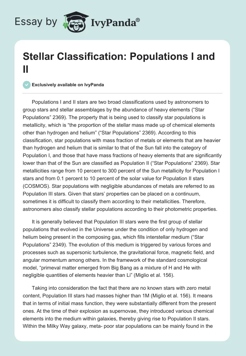 Stellar Classification: Populations I and II. Page 1
