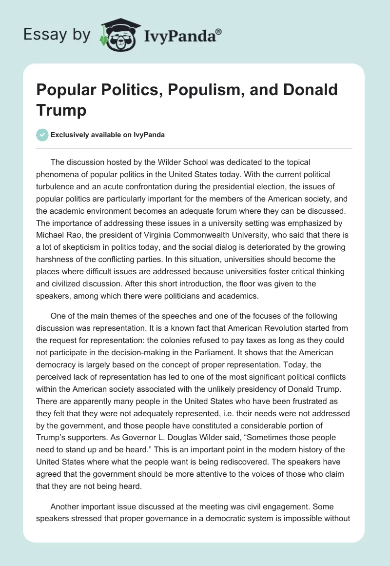 Popular Politics, Populism, and Donald Trump. Page 1