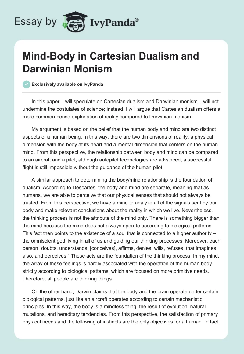 Mind-Body in Cartesian Dualism and Darwinian Monism. Page 1