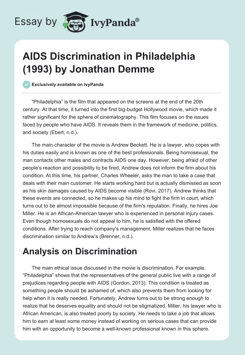 AIDS Discrimination in "Philadelphia" (1993) by Jonathan Demme. Page 1