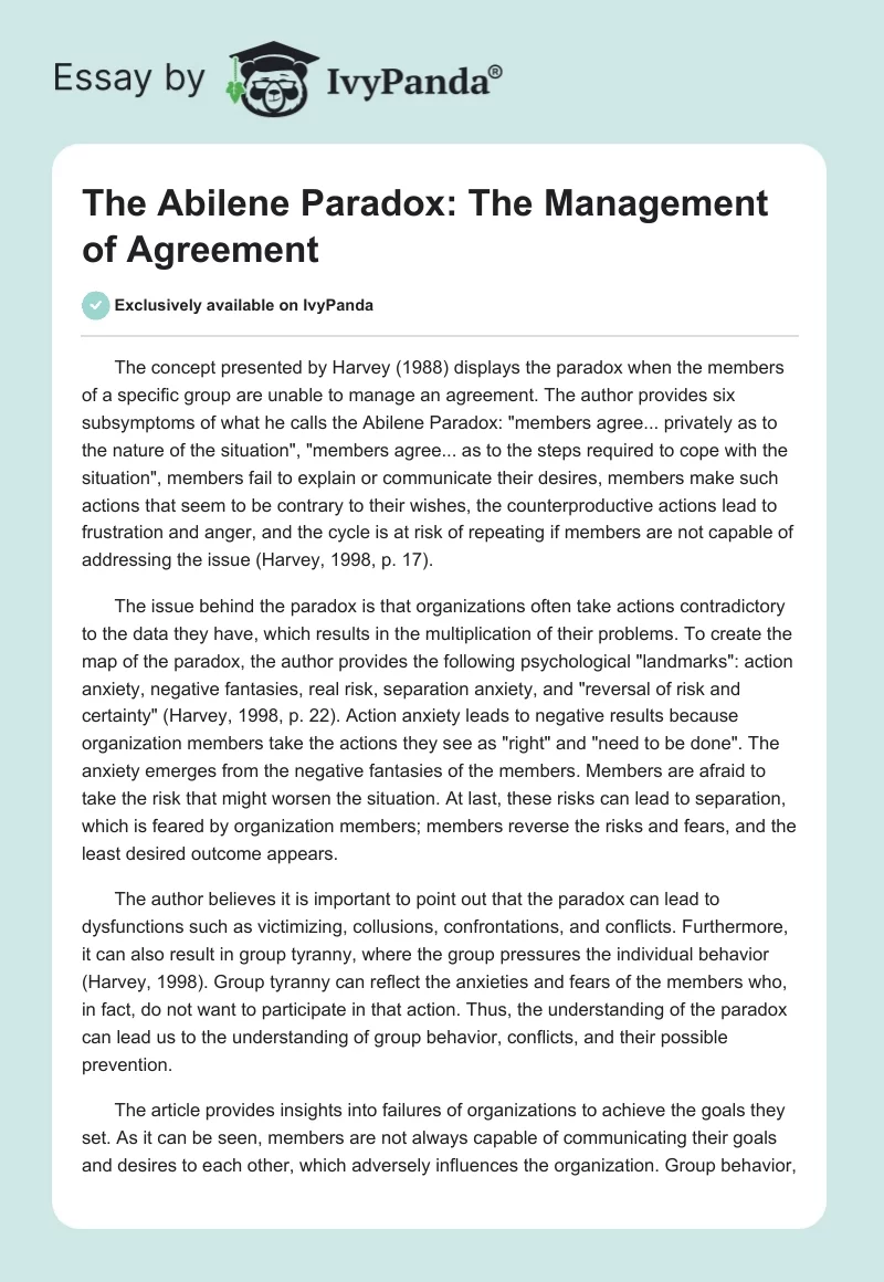 The Abilene Paradox: The Management of Agreement. Page 1