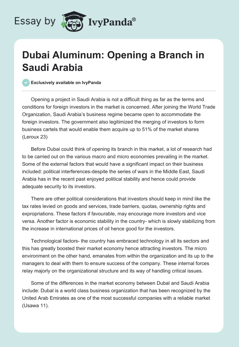 Dubai Aluminum: Opening a Branch in Saudi Arabia. Page 1