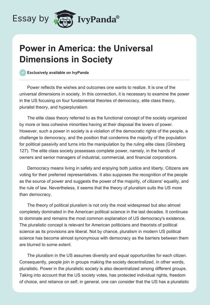 Power in America: the Universal Dimensions in Society. Page 1