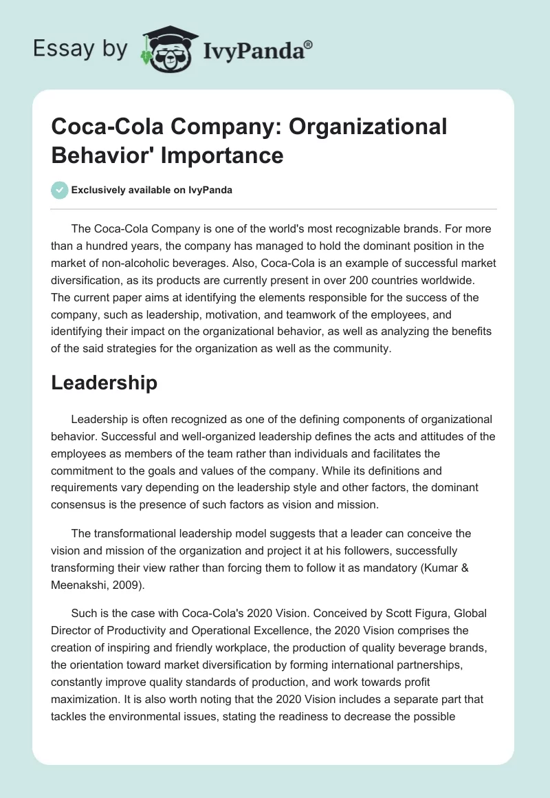 Coca-Cola Company: Organizational Behavior' Importance. Page 1