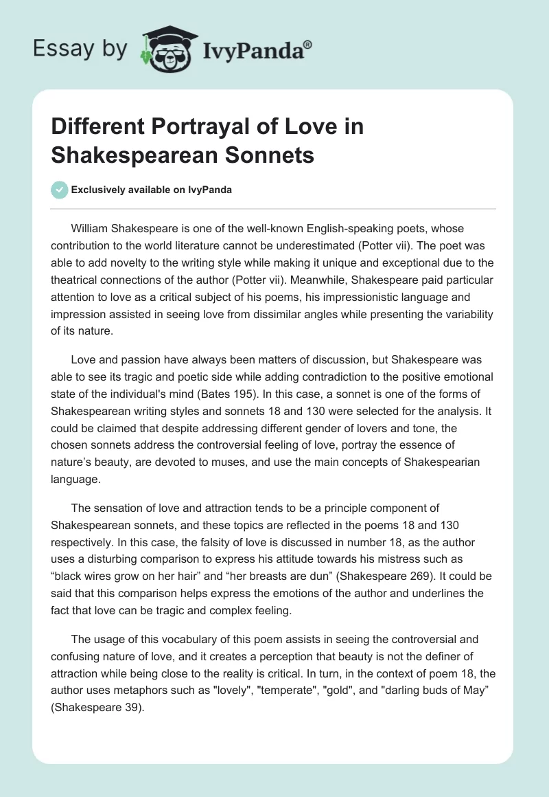 Different Portrayal of Love in Shakespearean Sonnets. Page 1