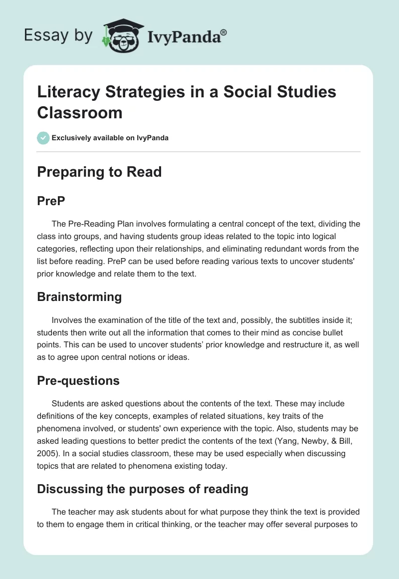 Literacy Strategies in a Social Studies Classroom. Page 1