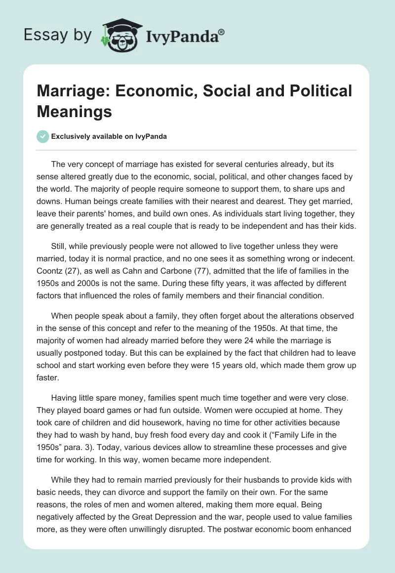Marriage: Economic, Social and Political Meanings. Page 1