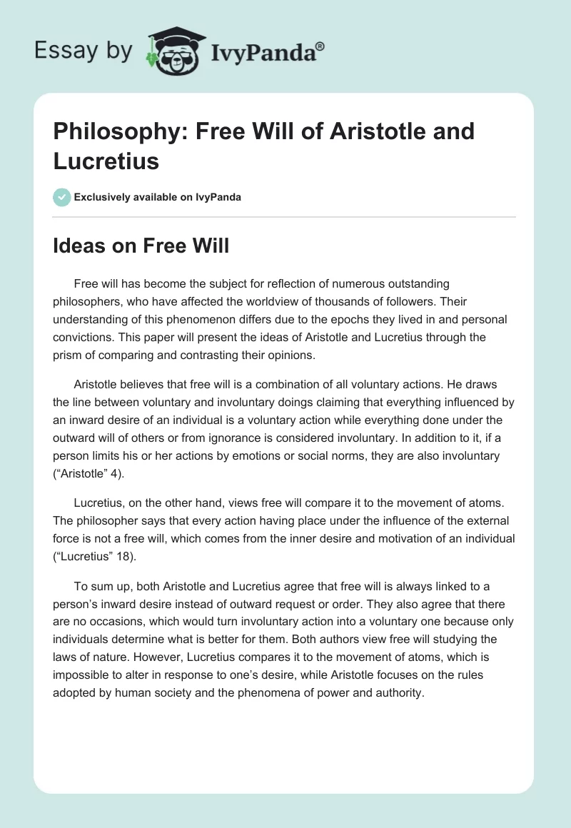 Philosophy: Free Will of Aristotle and Lucretius. Page 1