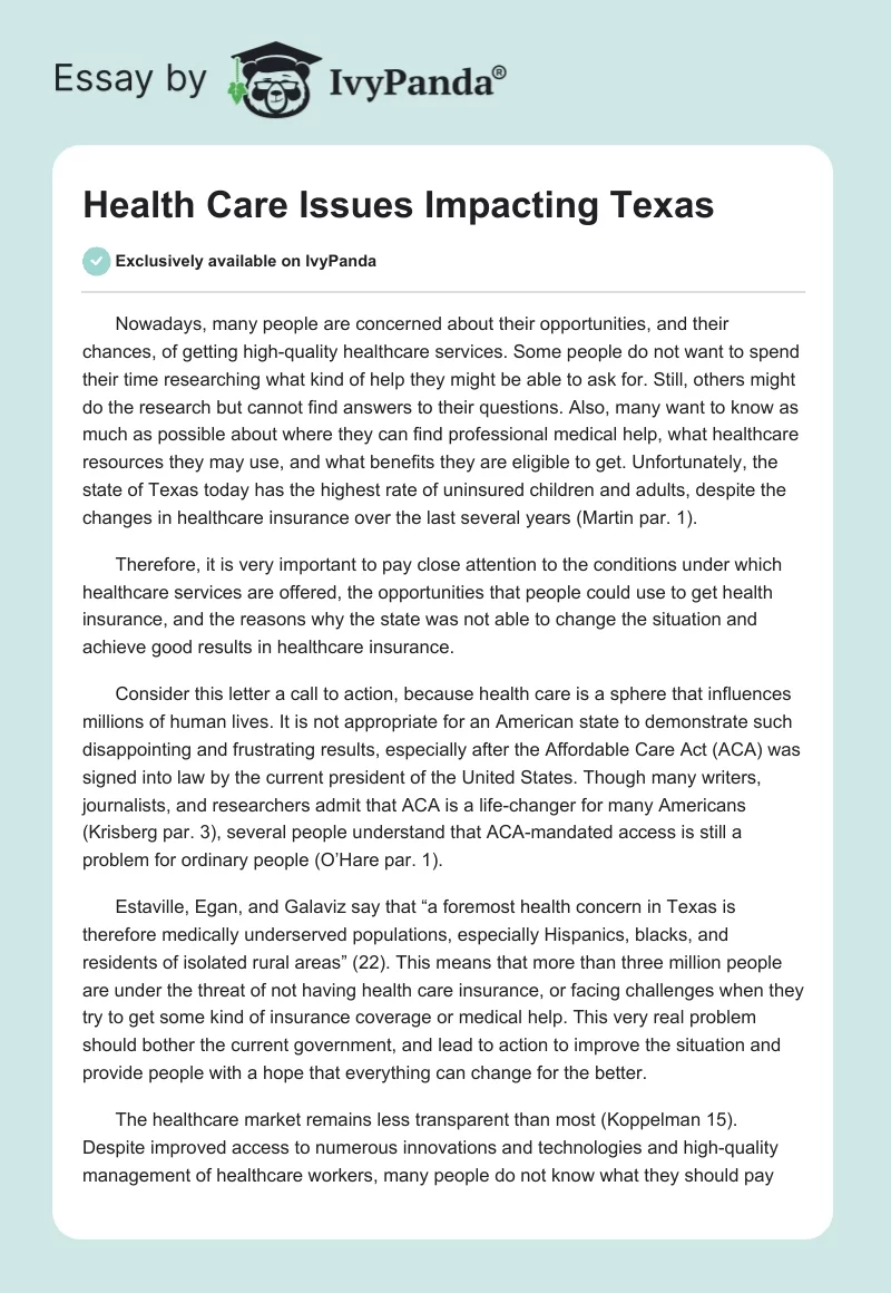 Health Care Issues Impacting Texas. Page 1