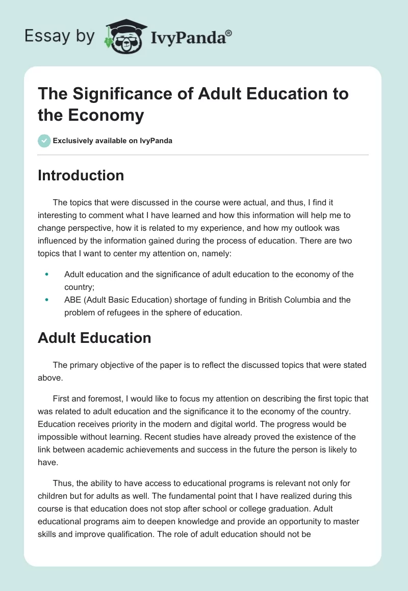 The Significance of Adult Education to the Economy. Page 1