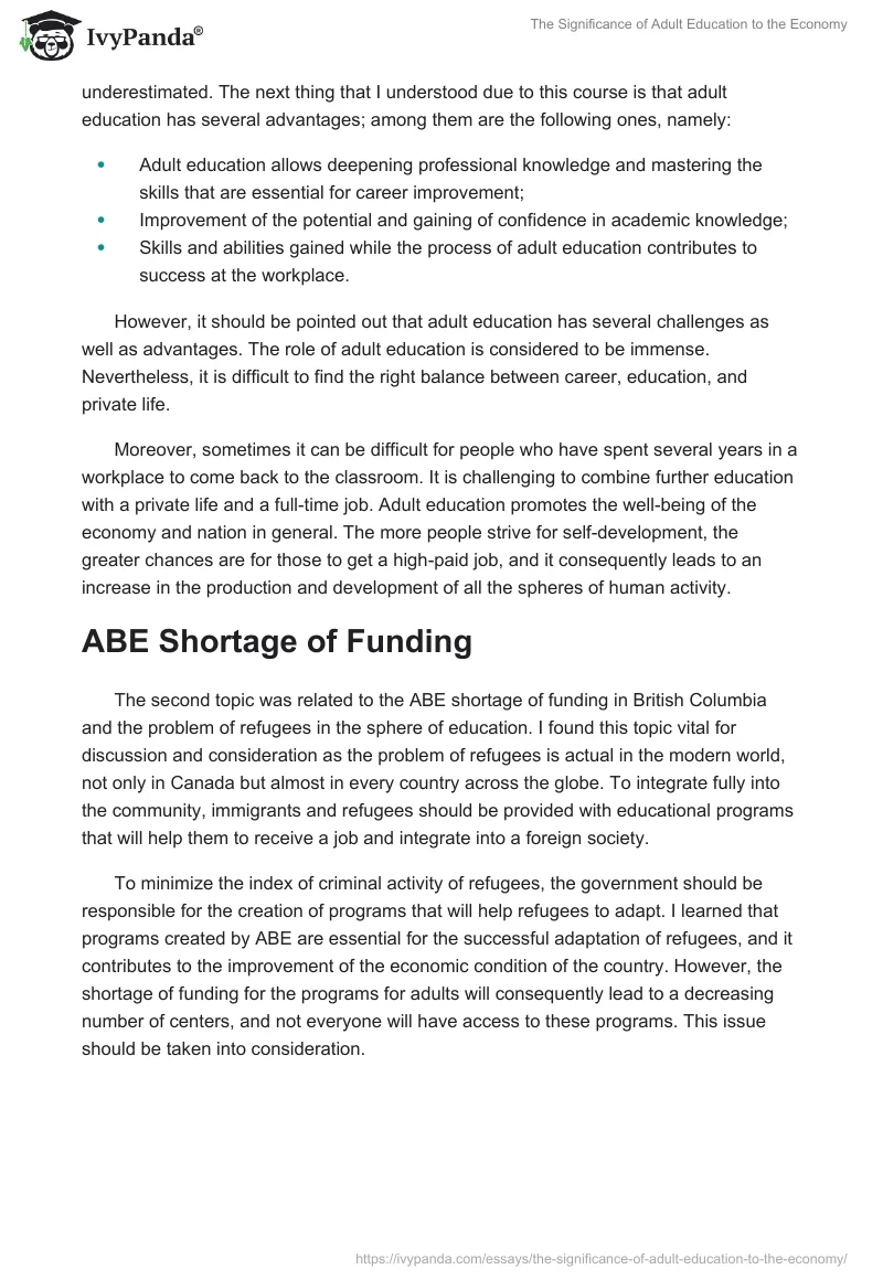 The Significance of Adult Education to the Economy. Page 2