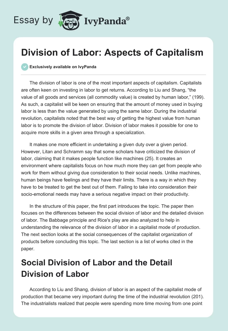 Division of Labor: Aspects of Capitalism. Page 1