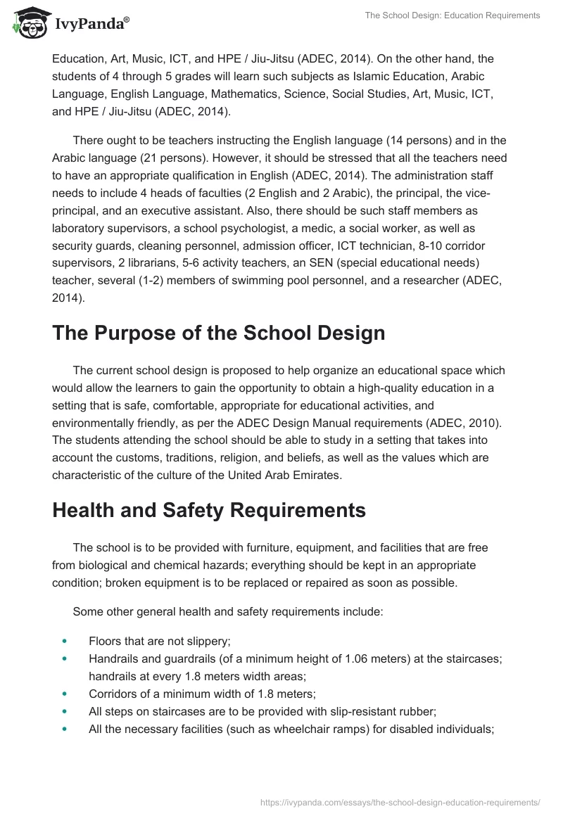The School Design: Education Requirements. Page 2