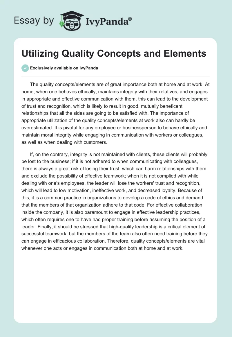 Utilizing Quality Concepts and Elements. Page 1