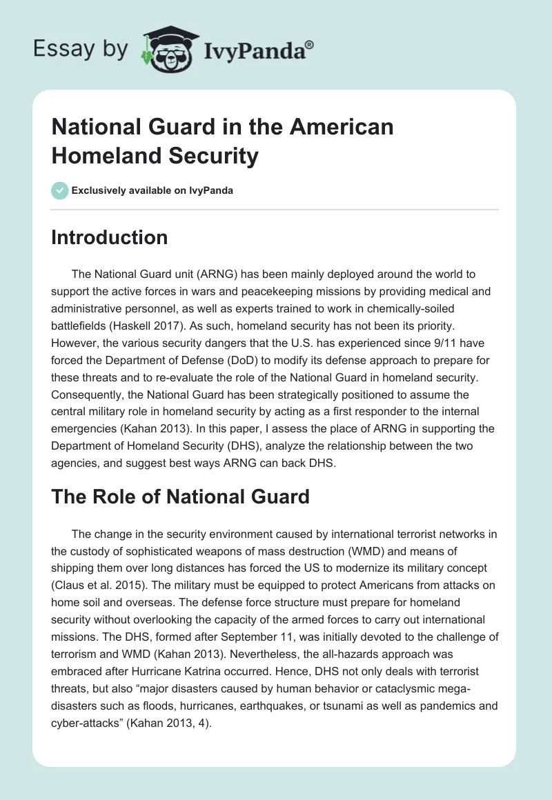 National Guard in the American Homeland Security. Page 1