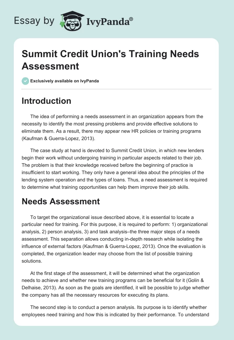 Summit Credit Union's Training Needs Assessment. Page 1