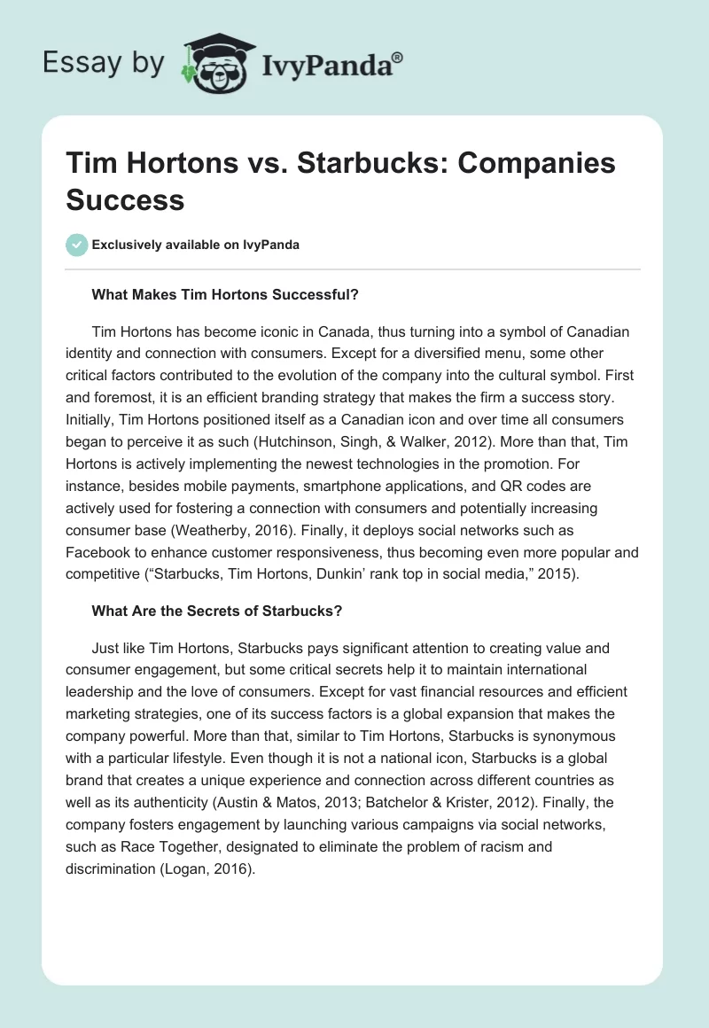 Tim Hortons vs. Starbucks: Companies Success. Page 1