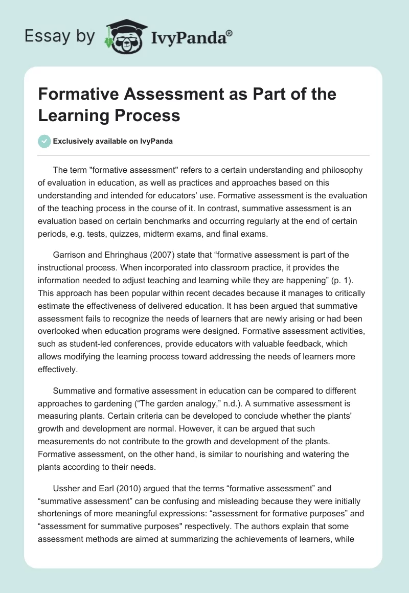 Formative Assessment as Part of the Learning Process. Page 1