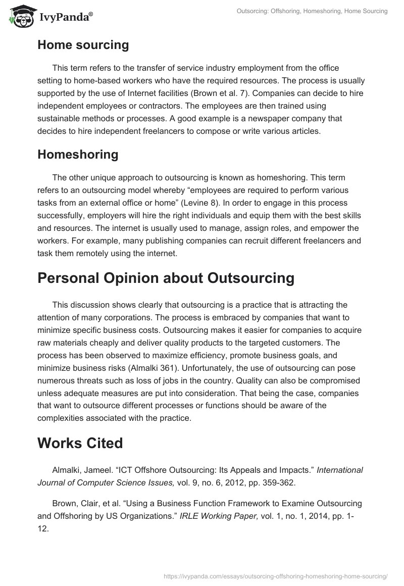 Outsorcing: Offshoring, Homeshoring, Home Sourcing. Page 2