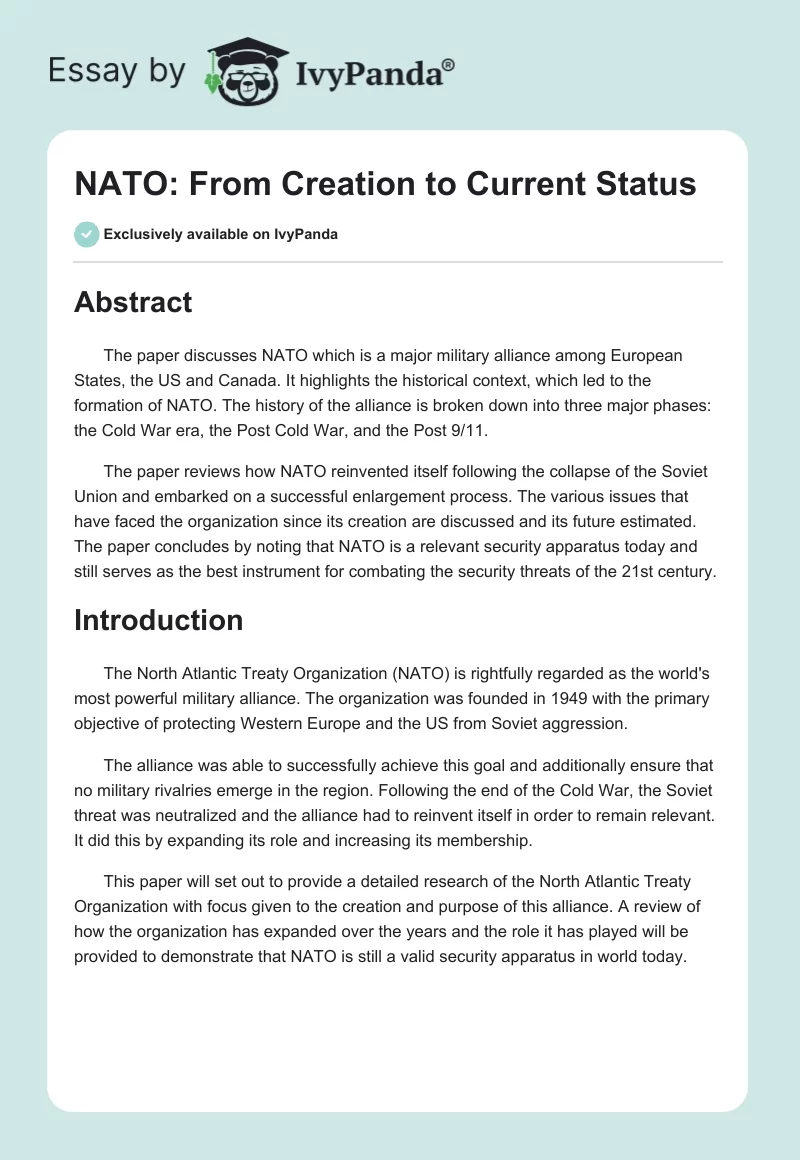 NATO: From Creation to Current Status. Page 1