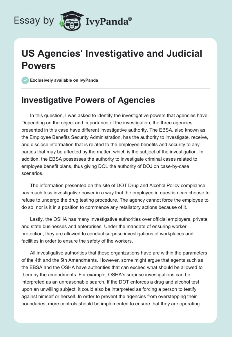 US Agencies' Investigative and Judicial Powers. Page 1