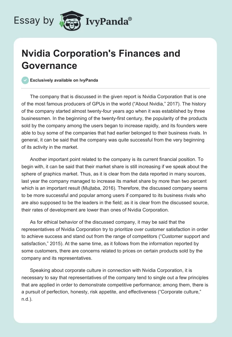 Nvidia Corporation's Finances and Governance. Page 1
