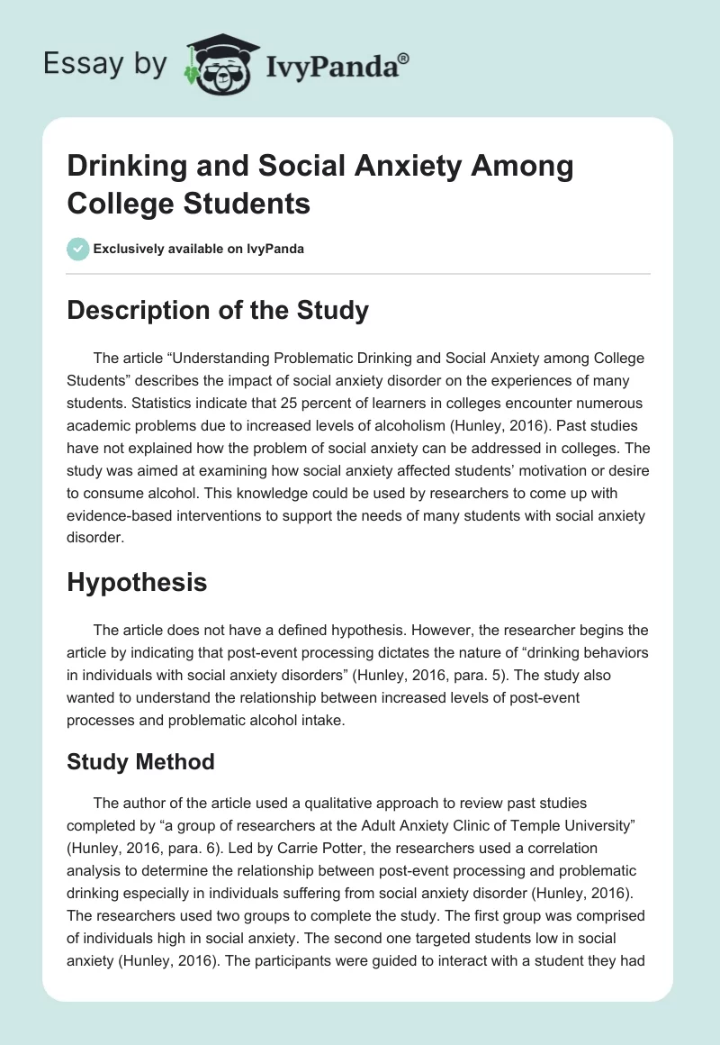 Drinking and Social Anxiety Among College Students. Page 1