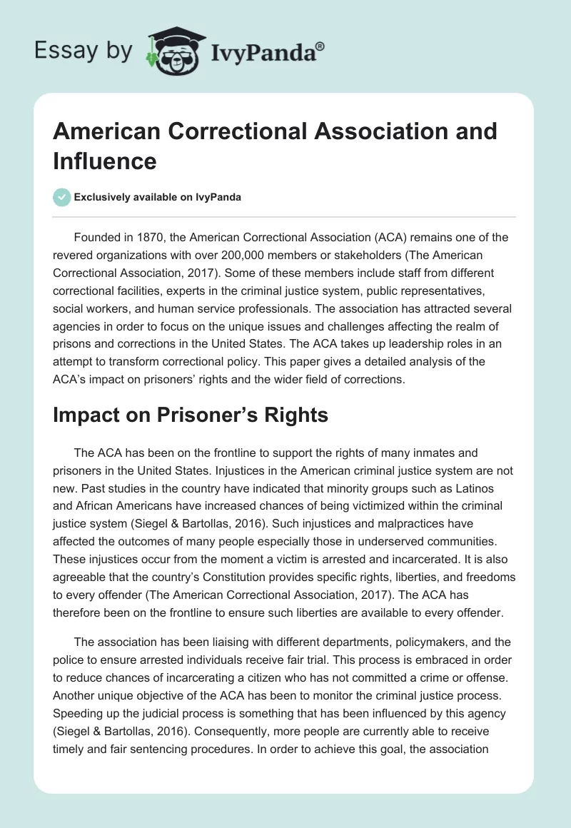 American Correctional Association and Influence. Page 1