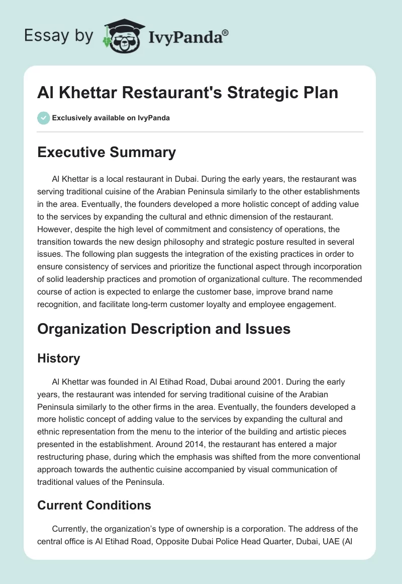 Al Khettar Restaurant's Strategic Plan. Page 1