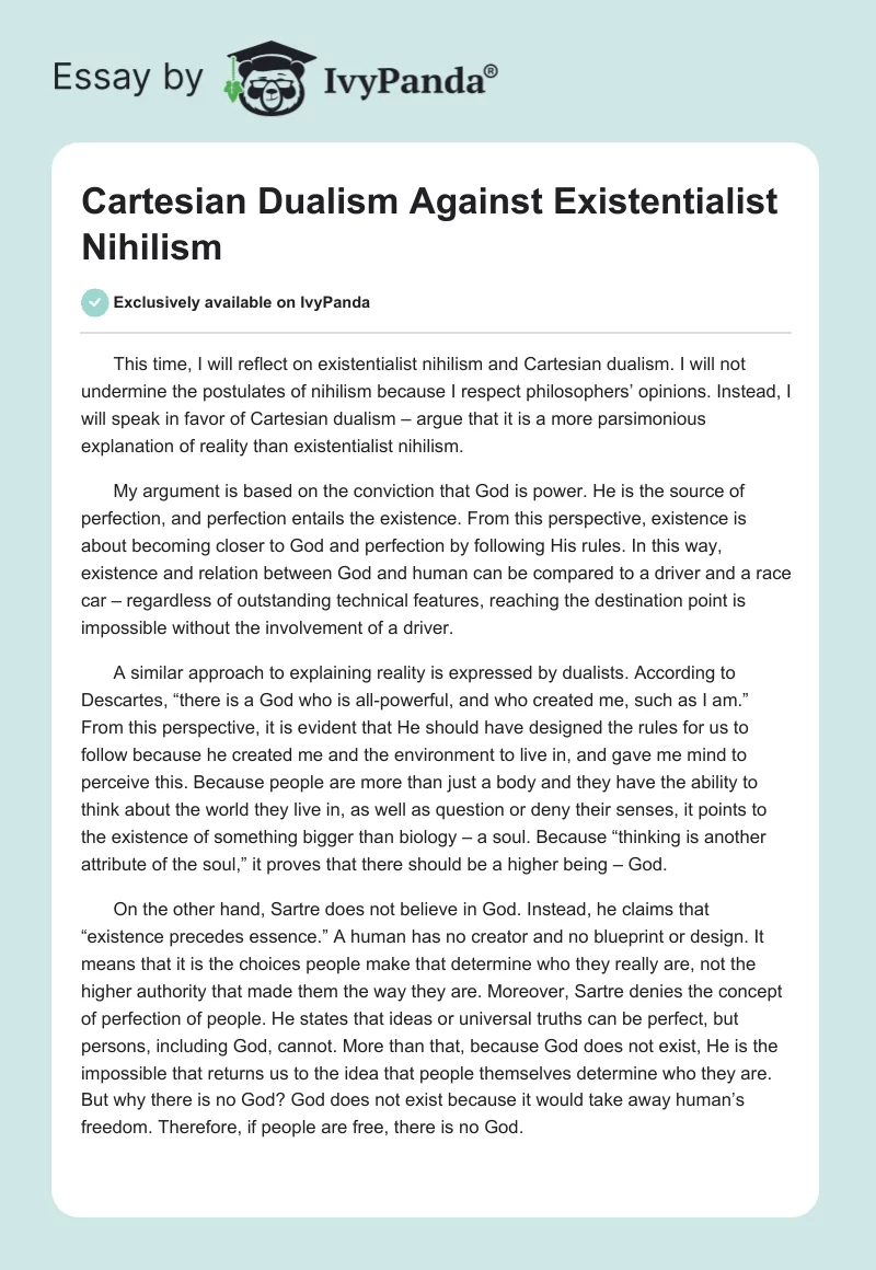 Cartesian Dualism Against Existentialist Nihilism. Page 1