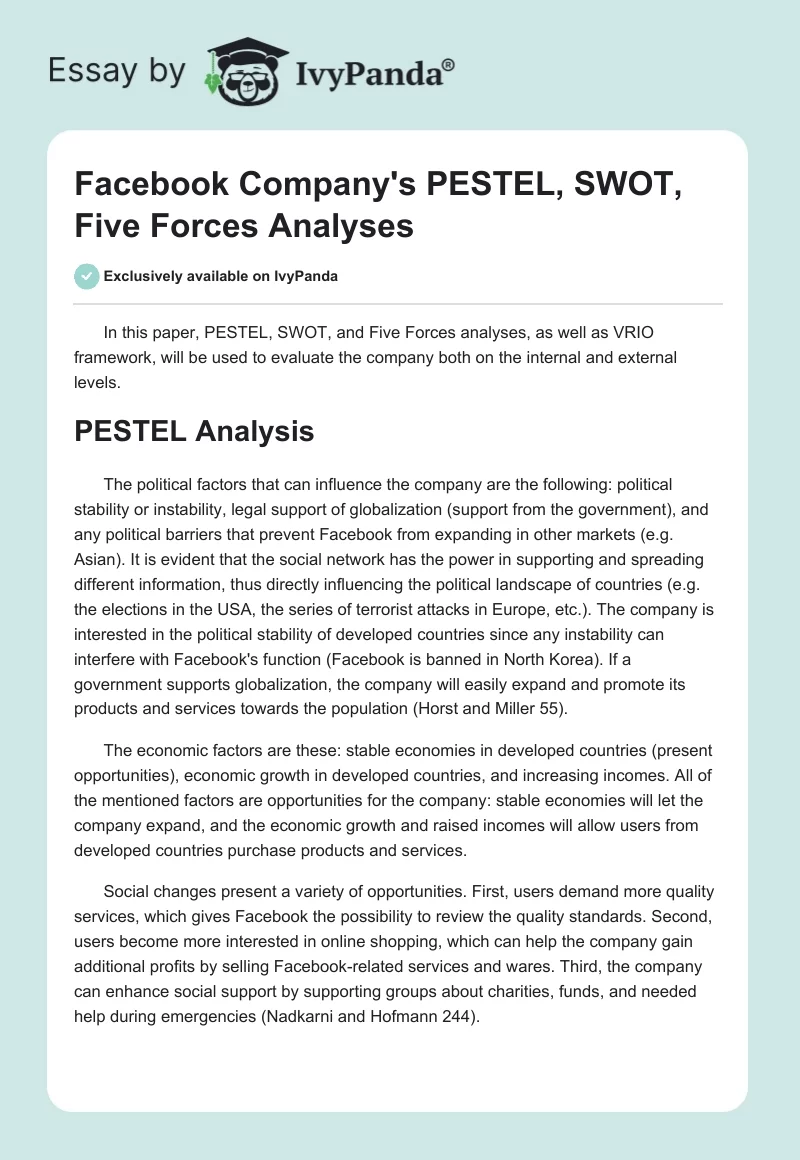 Facebook Company's PESTEL, SWOT, Five Forces Analyses. Page 1