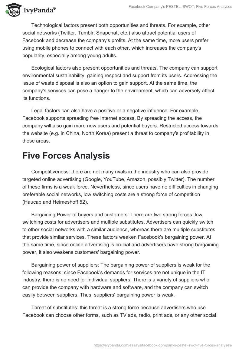 Facebook Company's PESTEL, SWOT, Five Forces Analyses. Page 2