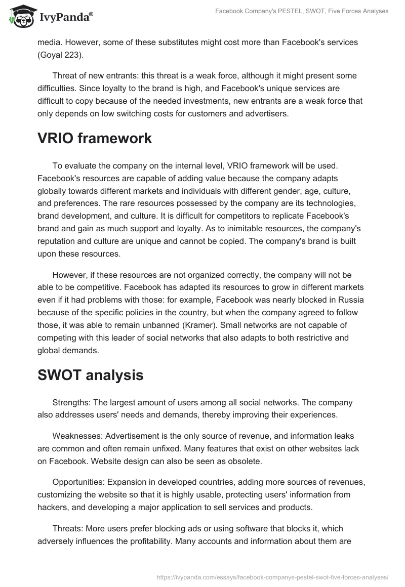 Facebook Company's PESTEL, SWOT, Five Forces Analyses. Page 3