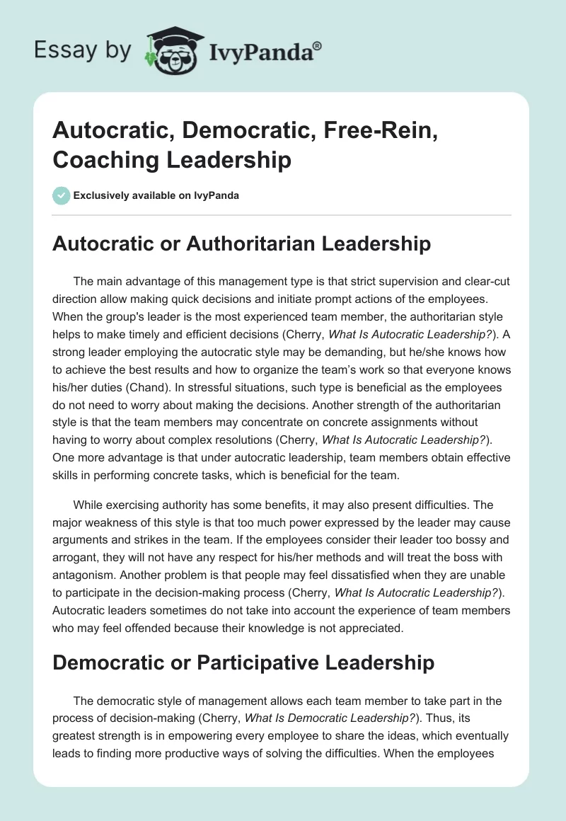 Autocratic, Democratic, Free-Rein, Coaching Leadership. Page 1