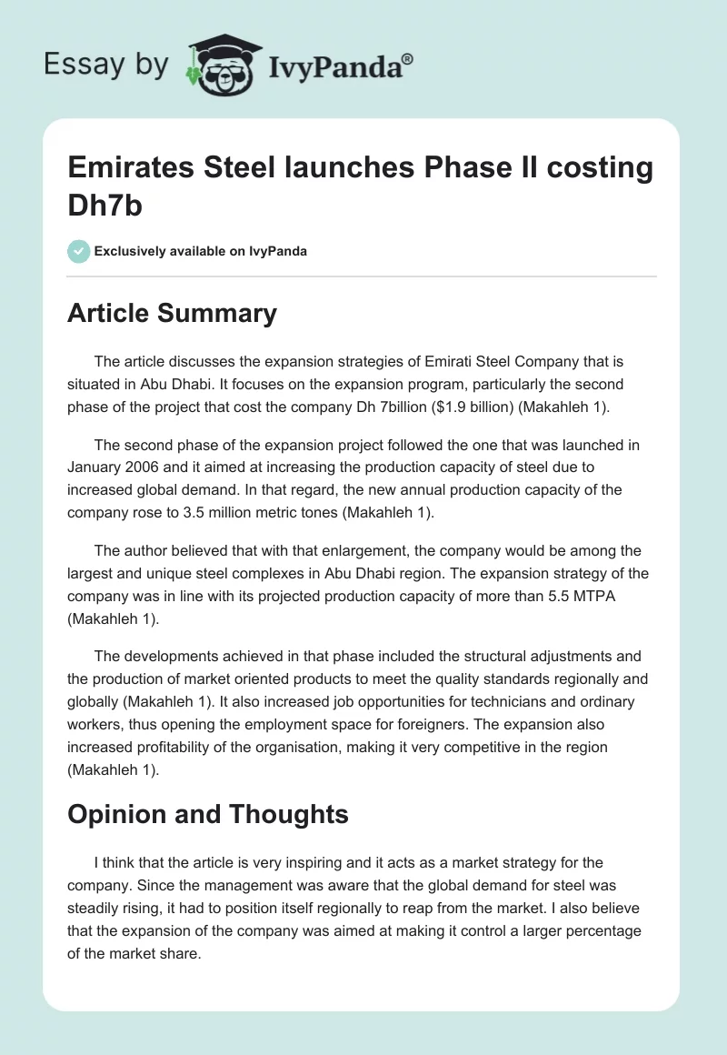 Emirates Steel launches Phase II costing Dh7b. Page 1