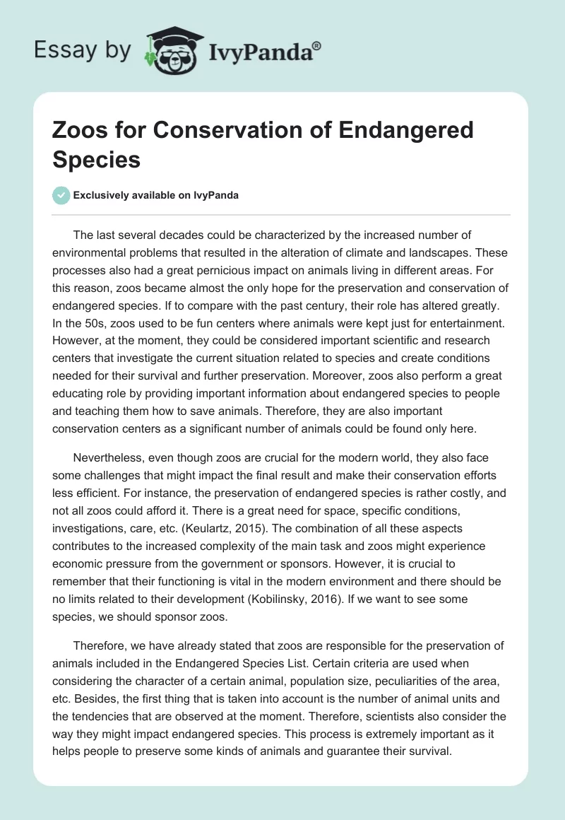 Zoos for Conservation of Endangered Species. Page 1