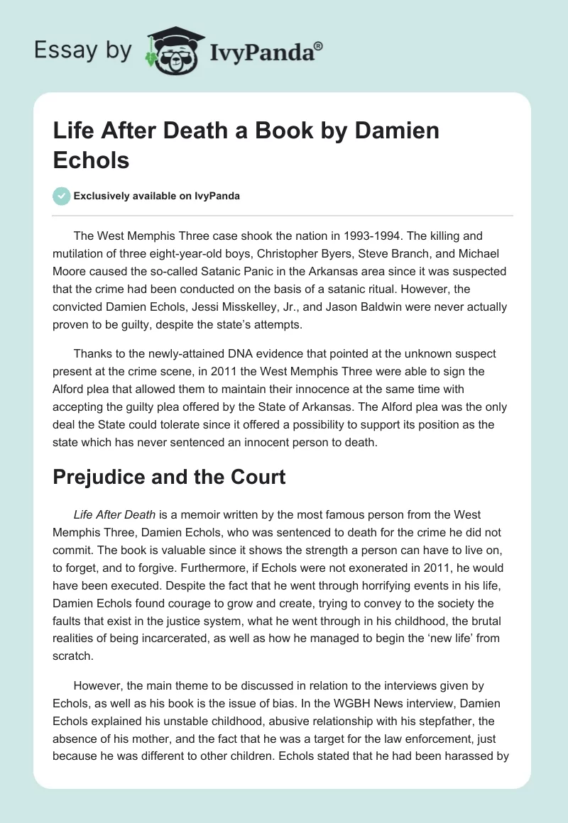 "Life After Death" a Book by Damien Echols. Page 1