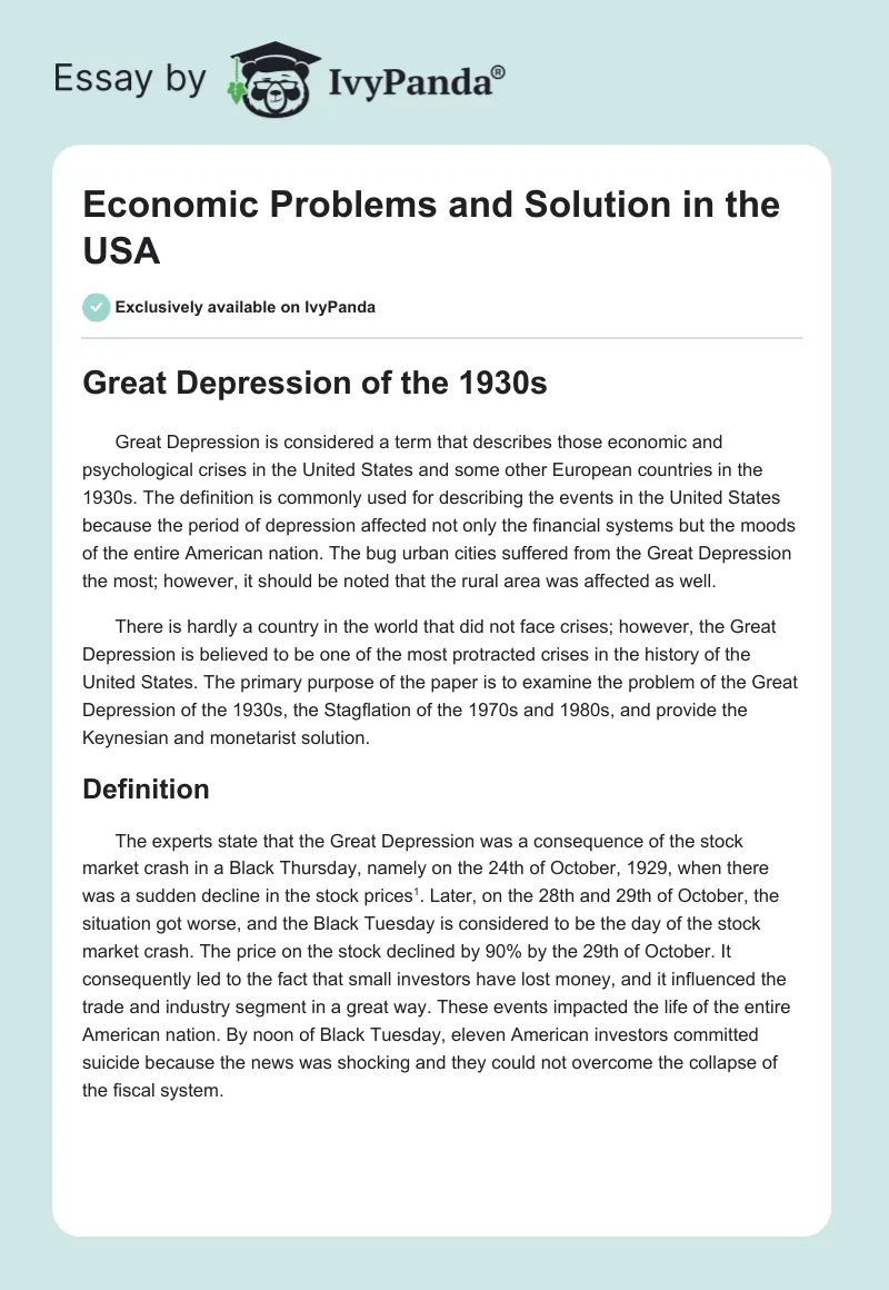 Economic Problems and Solution in the USA. Page 1