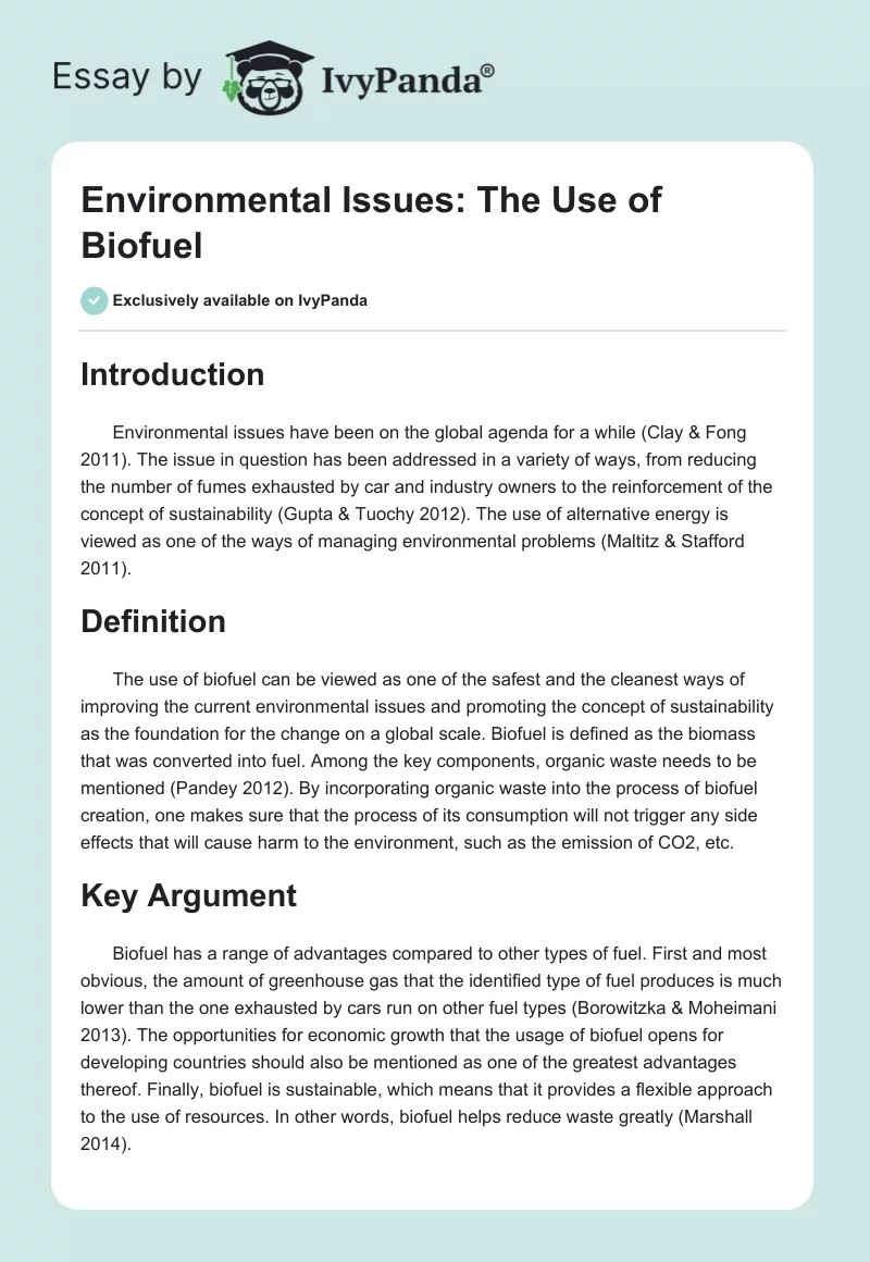 Environmental Issues: The Use of Biofuel. Page 1