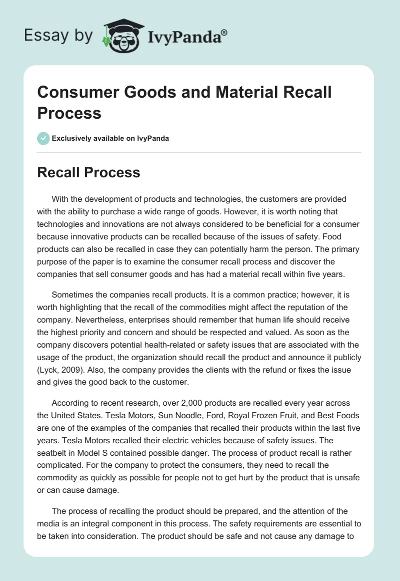 Consumer Goods and Material Recall Process. Page 1