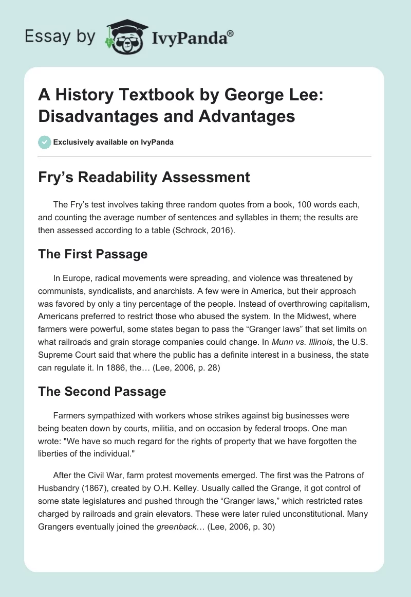 A History Textbook by George Lee: Disadvantages and Advantages. Page 1